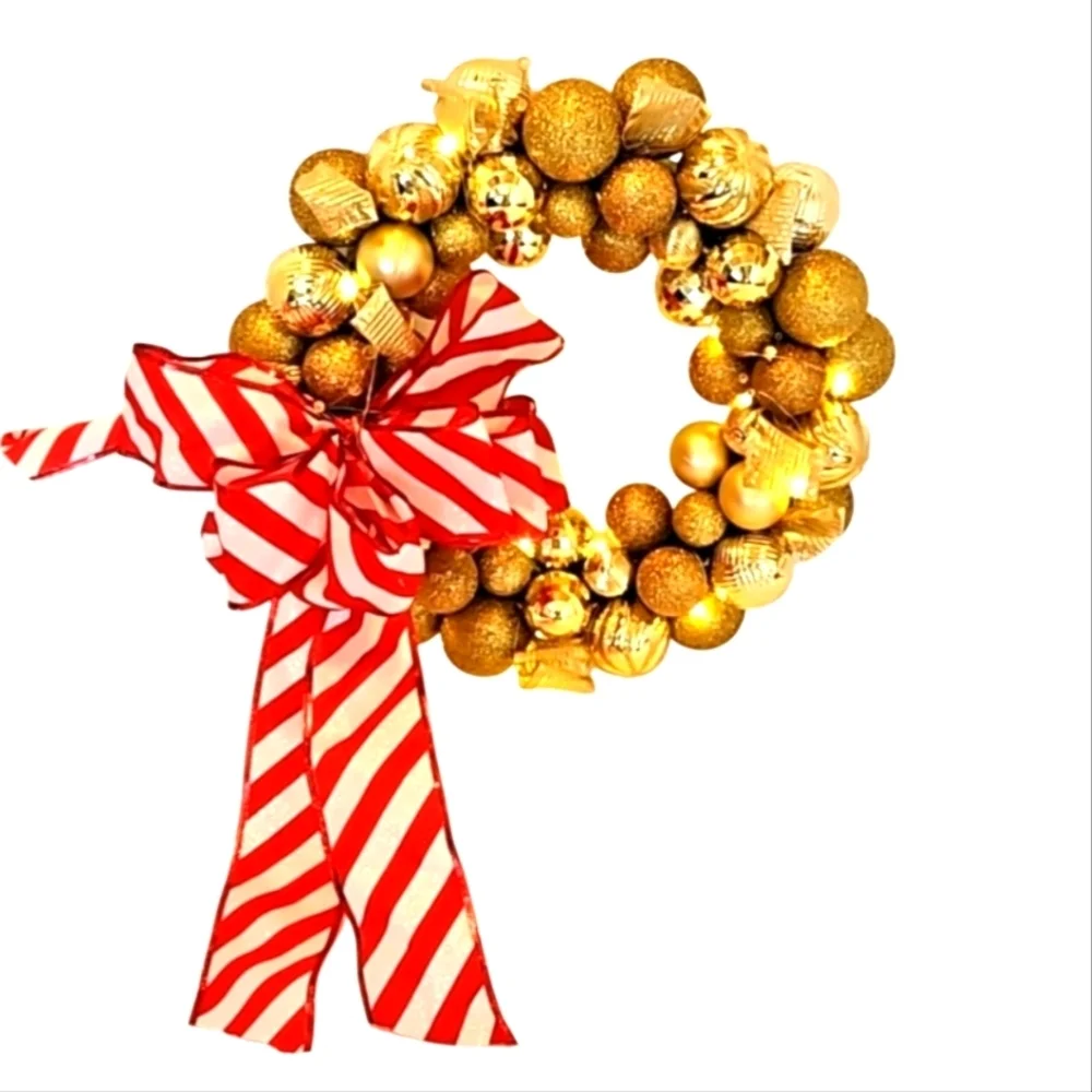 Upcycled Shatterproof Wreath Christmas Gold Ornaments Fairy Lights Handmade 14